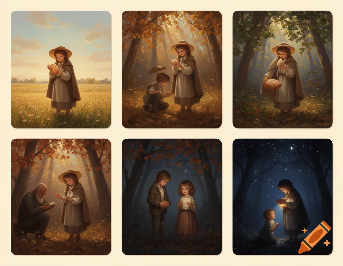 Six illustrative panels depict 'The Star Money' fairy tale, showing a young girl sharing her possessions with others in fields and forests, from day to night.