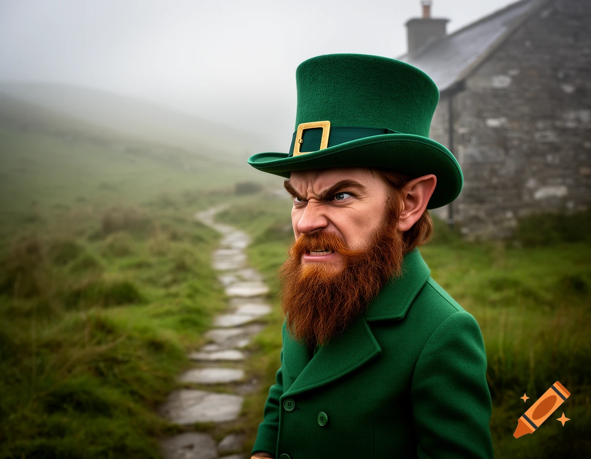A realistic angry leprechaun in a green coat and top hat stands on a misty, grassy path with a stone building in the background.
