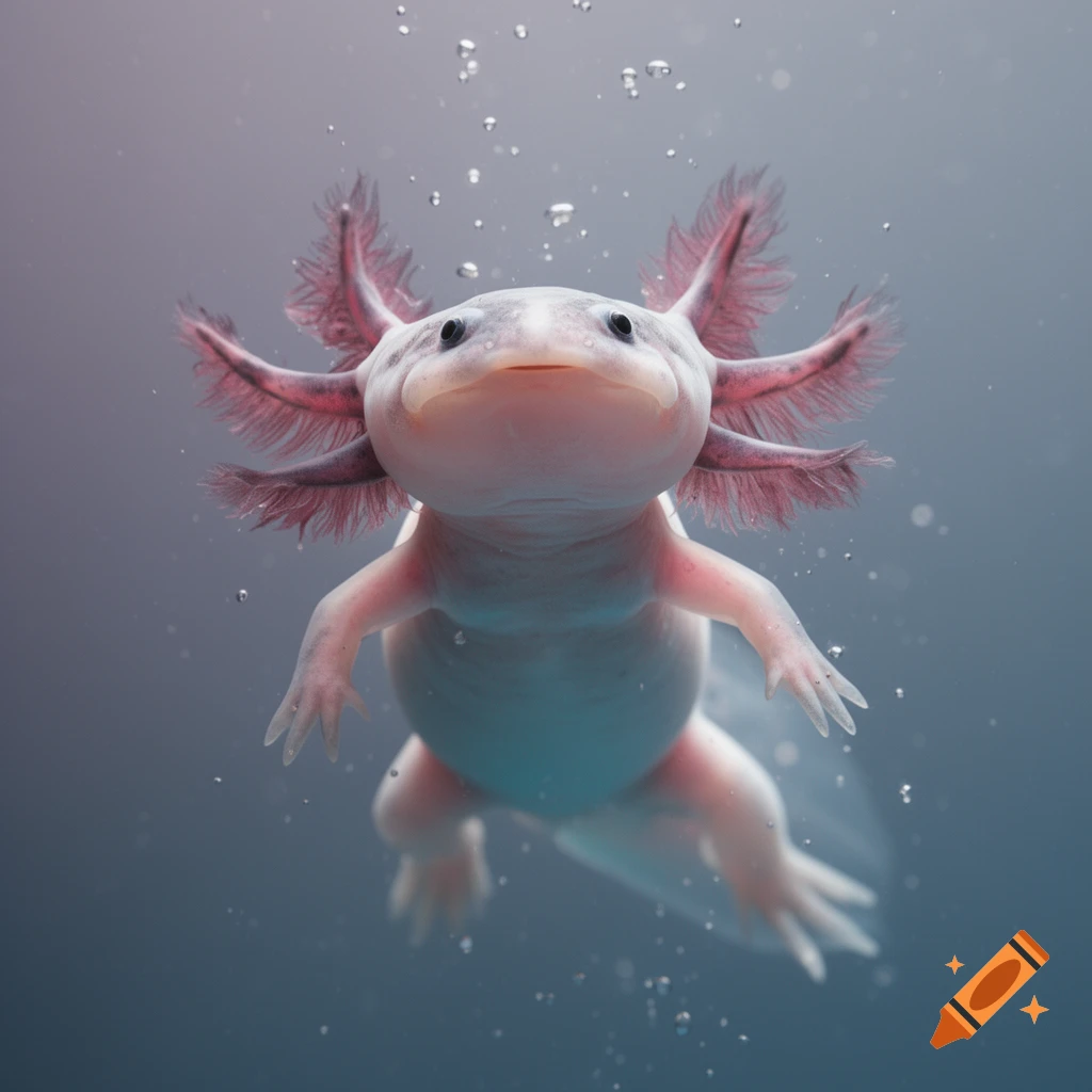 A close-up, photorealistic image of a pink and white axolotl floating in clear blue water with small bubbles.