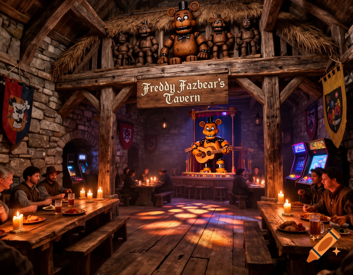 A photorealistic medieval tavern with Freddy Fazbear animatronics, patrons dining, and arcade machines in the background.
