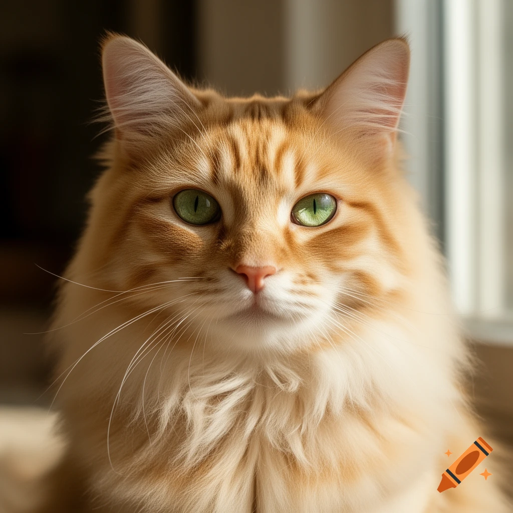 Close-up, photorealistic portrait of a fluffy orange cat with bright green eyes.