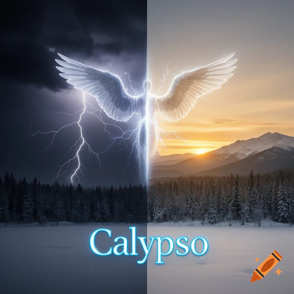 An angelic figure standing between a stormy, dark forest and a serene sunset over snowy mountains, with 'Calypso' written below.