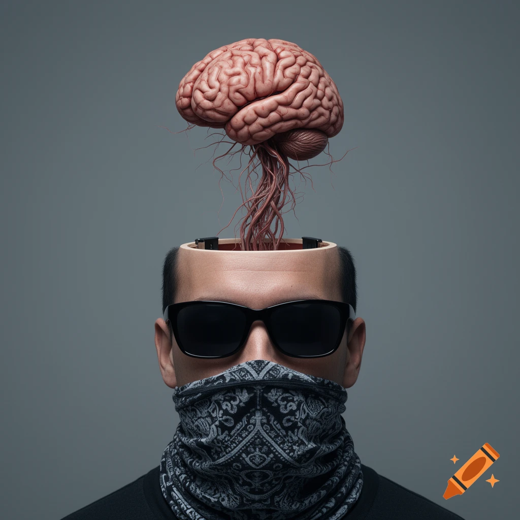 A man wearing sunglasses and a bandana, with his brain emerging from the top of his head in a surreal, photorealistic style.