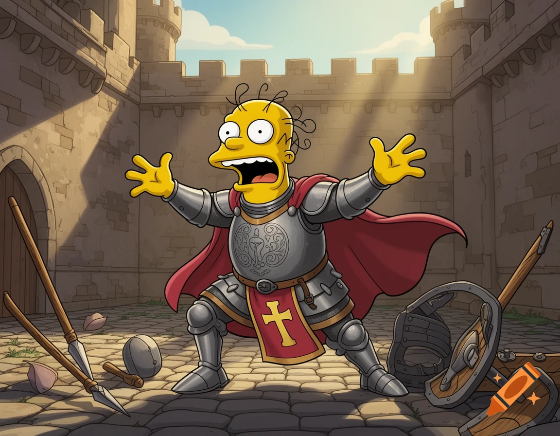 Cartoon Abraham Simpson as a crusader yelling dramatically in a castle courtyard.