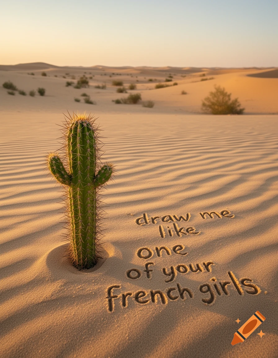 Photorealistic image of a saguaro cactus in a desert at sunset, with 'draw me like one of your french girls' written in the sand.