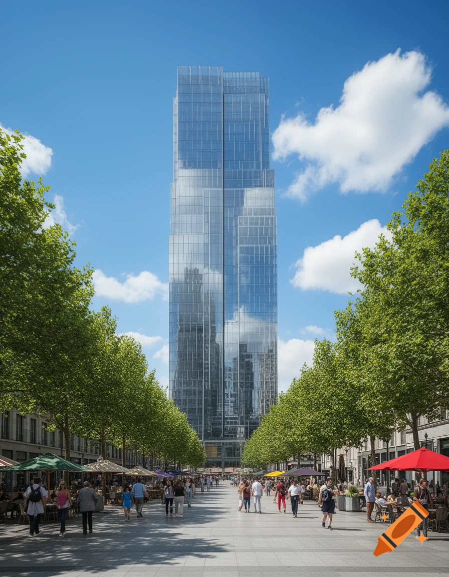A tall, modern glass skyscraper reflects the sky above a bustling pedestrian street lined with trees and outdoor cafes.