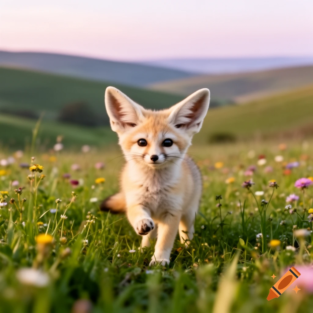 A cute photorealistic fennec fox with large ears walks through a field of wildflowers at sunset.