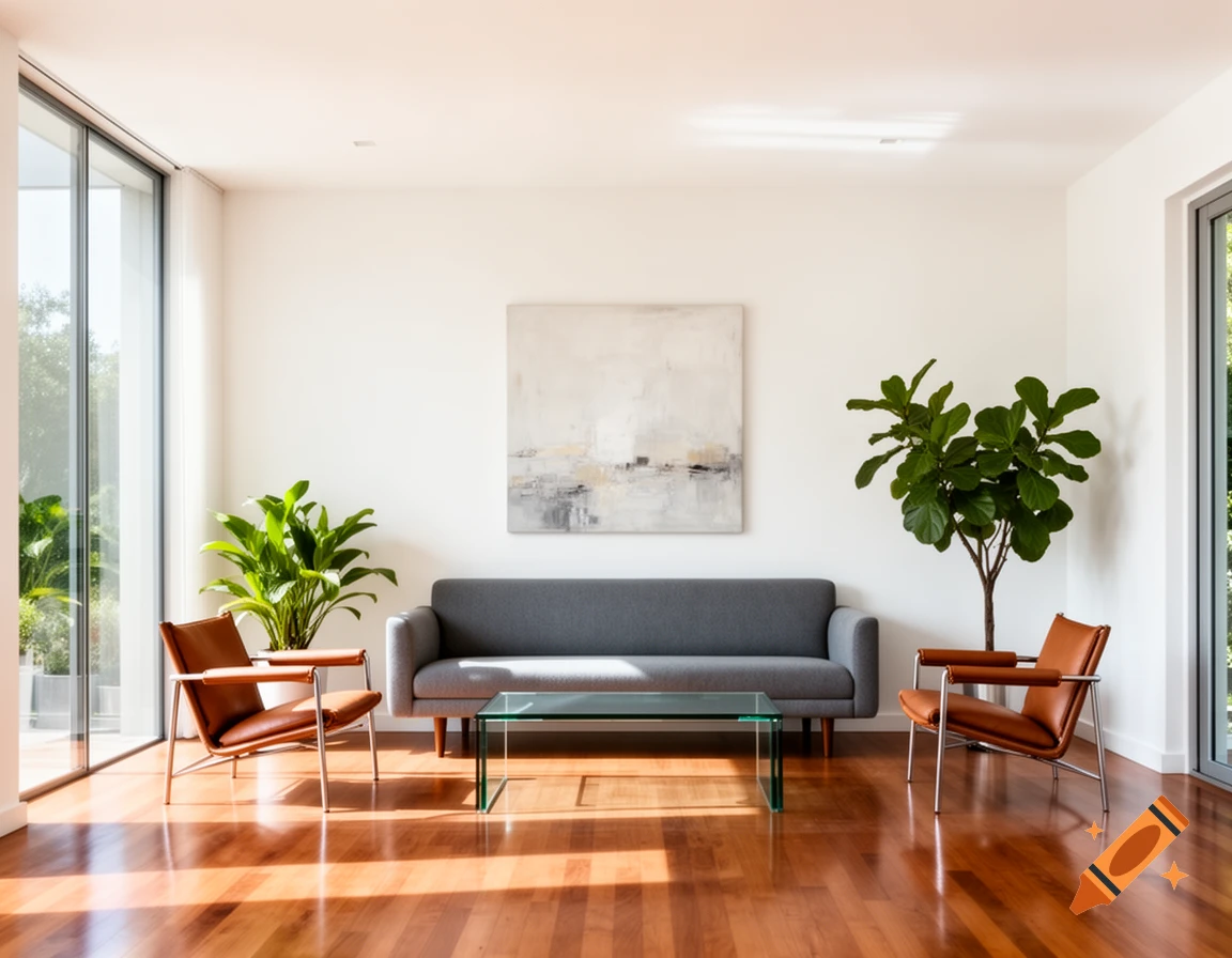A bright, modern living room featuring a gray sofa, two brown leather armchairs, a glass coffee table, and large potted plants on a polished wooden floor.