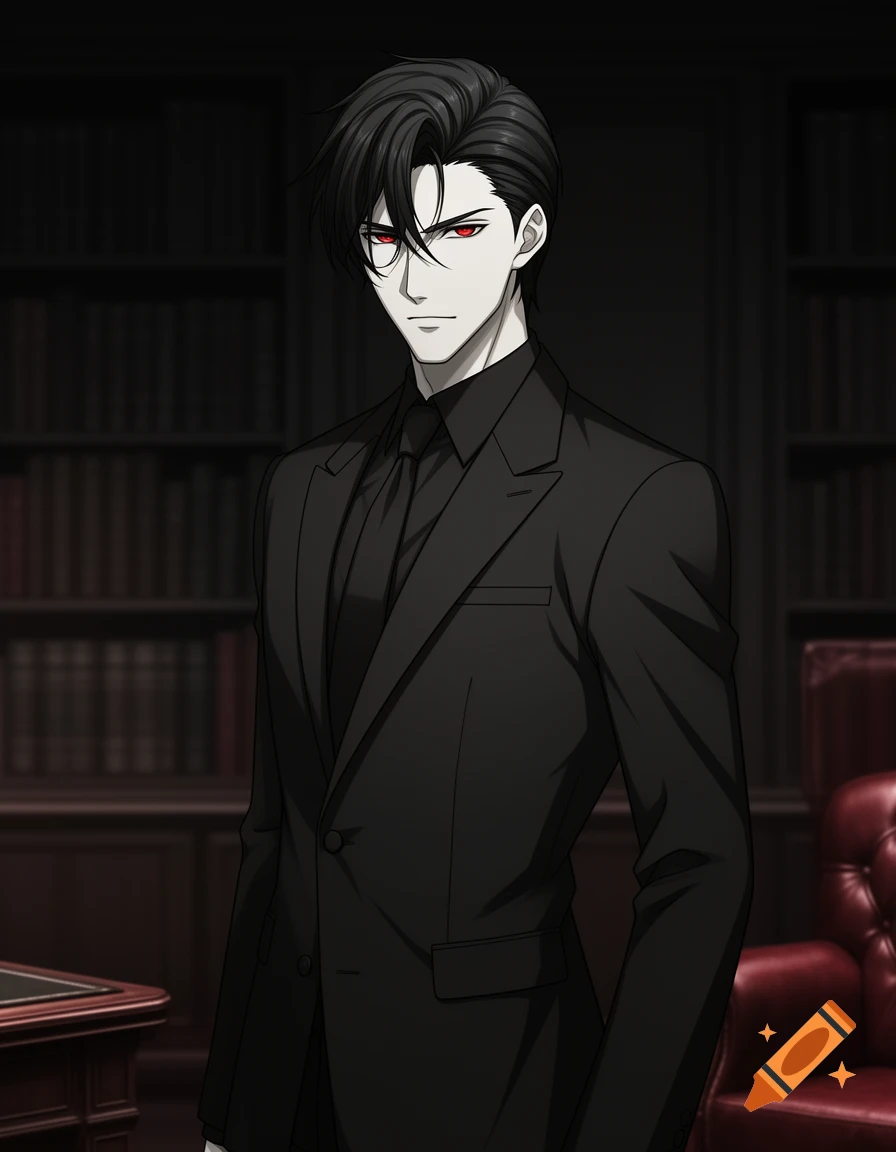 Anime style portrait of a handsome man with black hair and red eyes, wearing a black suit, standing in a dark room.
