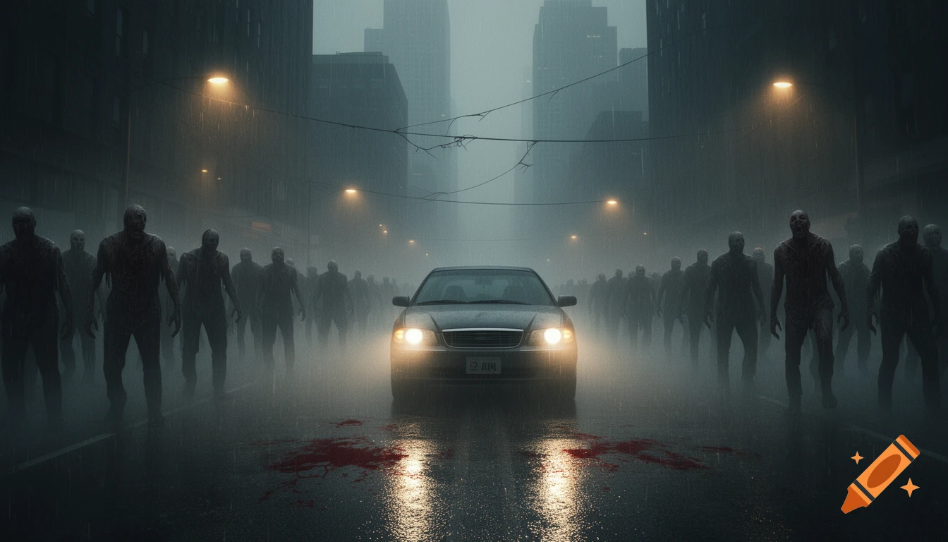 A dark, rainy city street in heavy fog. A car with headlights on is surrounded by an army of zombies. Blood is on the wet road.