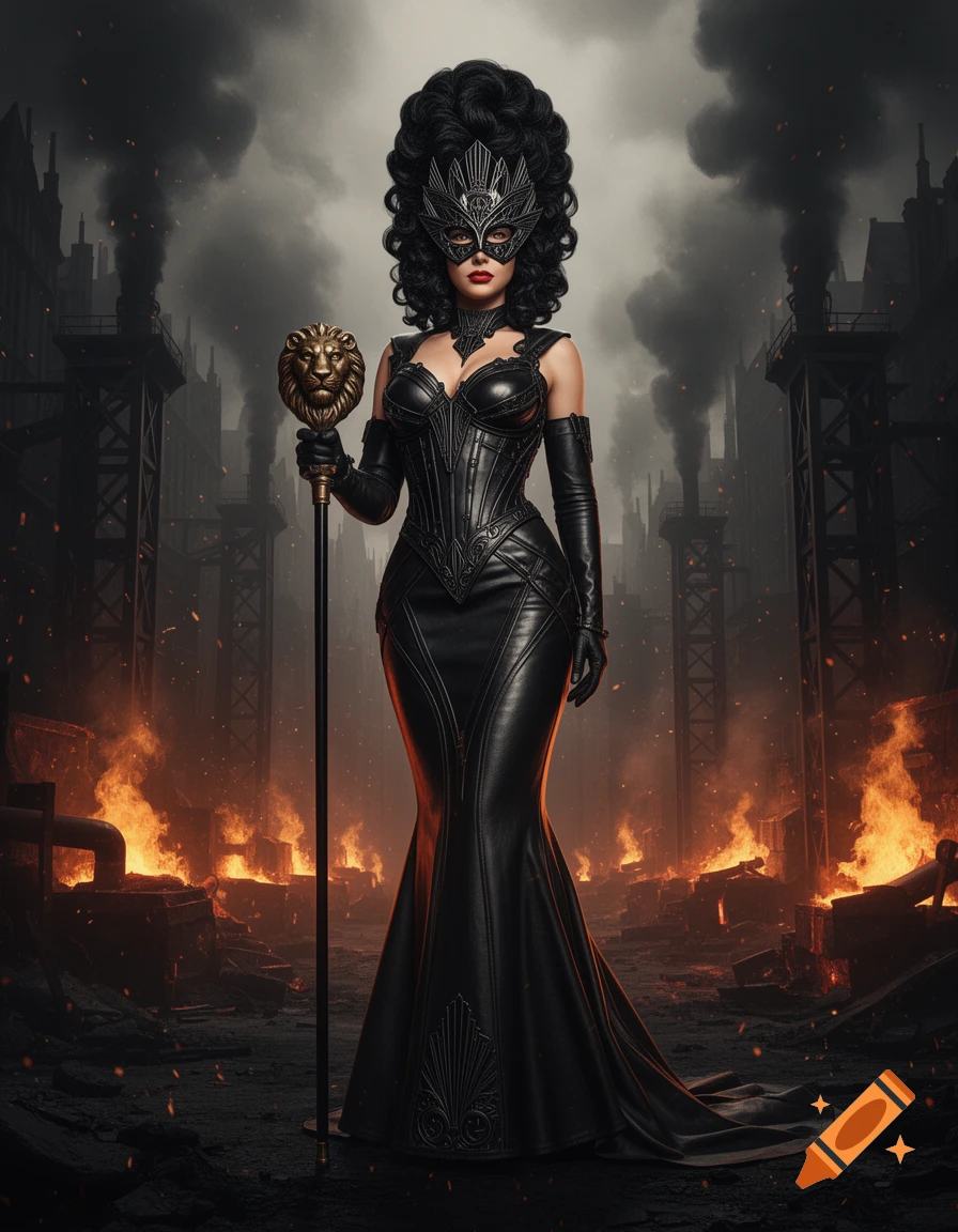 A queen in a black leather gown, mask, and tall wig holds a lion-headed staff, standing in a fiery, dark industrial steampunk city.