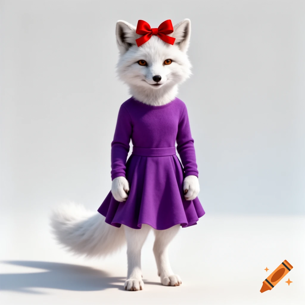 A bipedal white fox stands wearing a purple long-sleeved dress and a red bow on its head, against a white background.