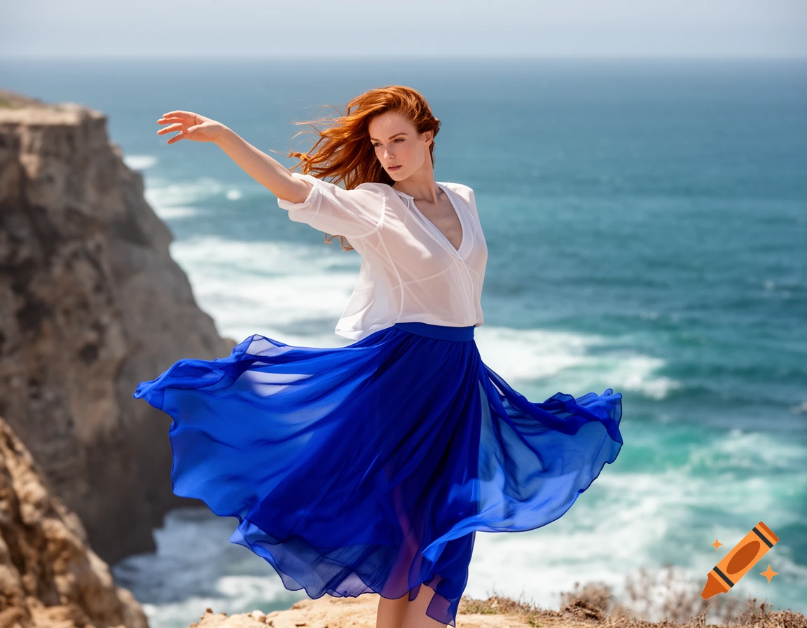A woman with red hair in a white sheer top and royal blue flowing skirt stands on a cliff overlooking a blue ocean.