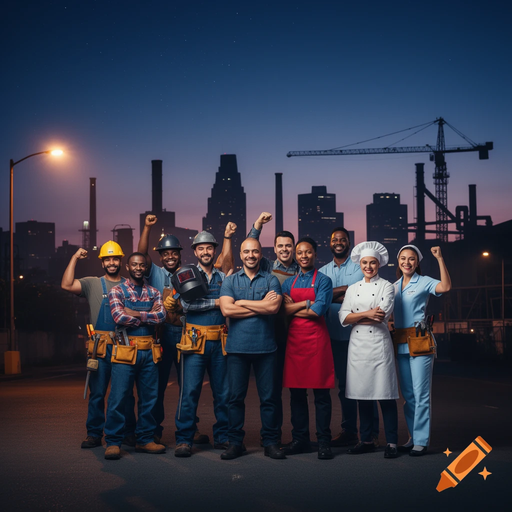 Diverse group of workers, including construction and culinary, posing proudly against a city skyline at dusk, photorealistic.