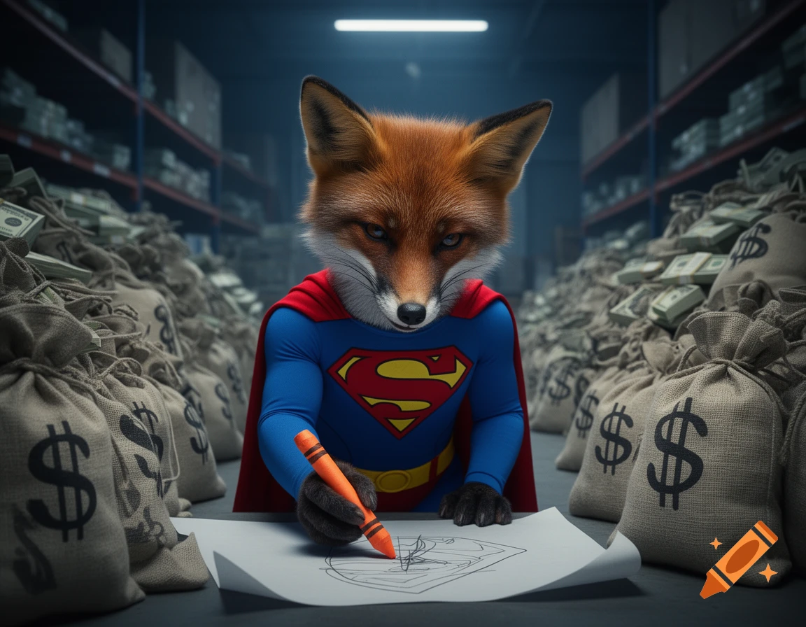 A photorealistic fox in a Superman suit draws with an orange crayon amidst large piles of money bags in a warehouse.