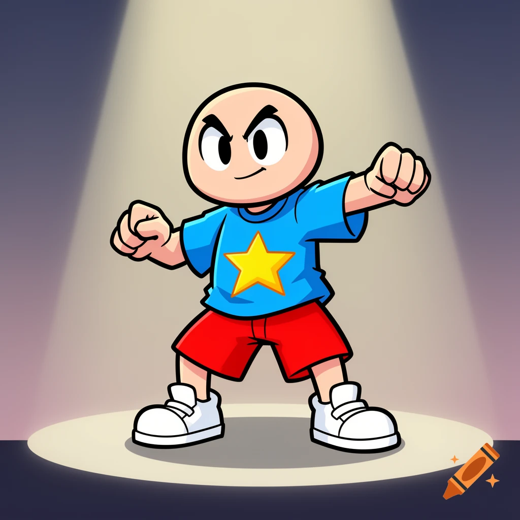 A cartoon character with a bald head, blue shirt with a yellow star, red shorts, and white sneakers posing under a spotlight.