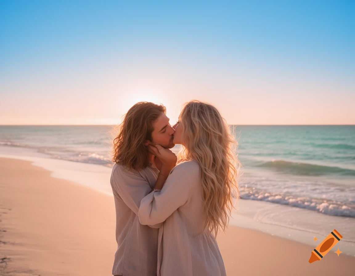 A man with long brown hair kisses a blond woman on a beach during sunset.