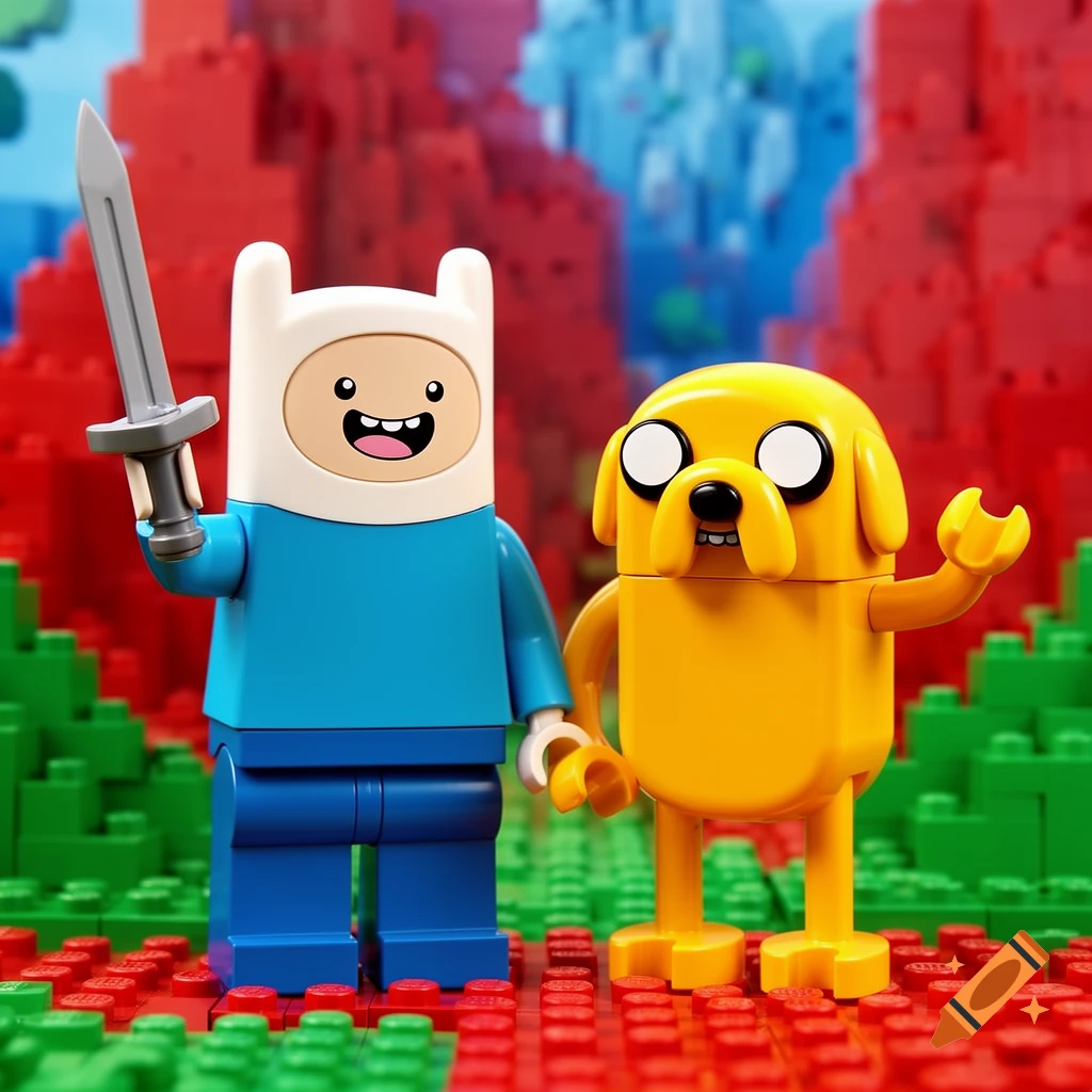 Lego minifigures of Finn holding a sword and Jake standing on a colorful red and green Lego landscape with a blue background.