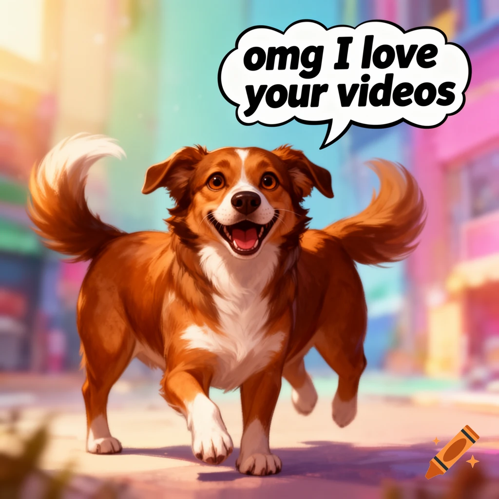 A happy cartoon dog runs on a street with a speech bubble saying 'omg I love your videos'.