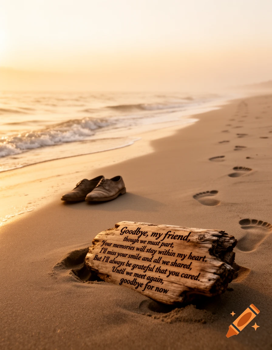 Old shoes and driftwood with a farewell message on a sandy beach with ocean waves at sunset, featuring footprints in the sand.