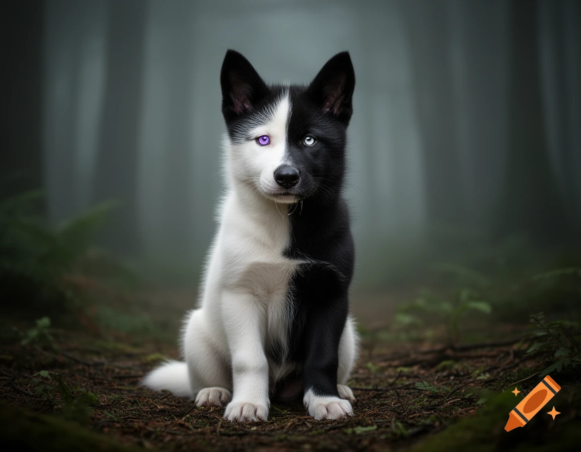 A hyperrealistic puppy with a bicolor black and white coat and heterochromia (one purple, one blue eye) sits in a misty forest.