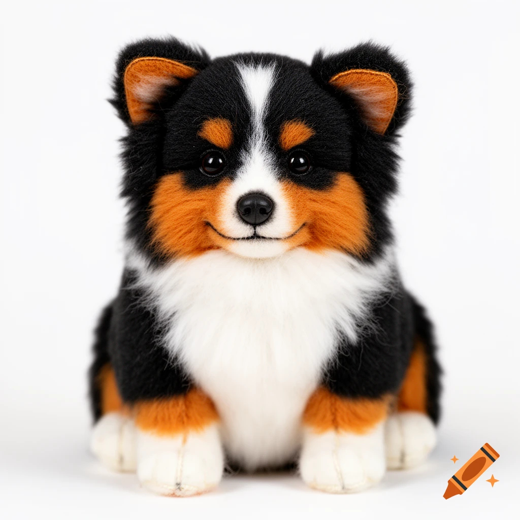 A photorealistic plush toy American Shepherd dog, featuring black, white, and brown fur, sits front-facing against a white background.
