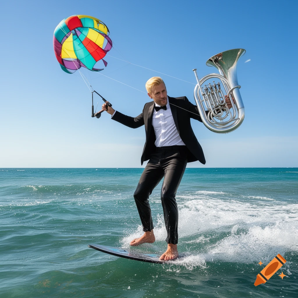 A barefoot blond man in a tuxedo surfs on a kiteboard in the ocean, holding a silver tuba in one hand.