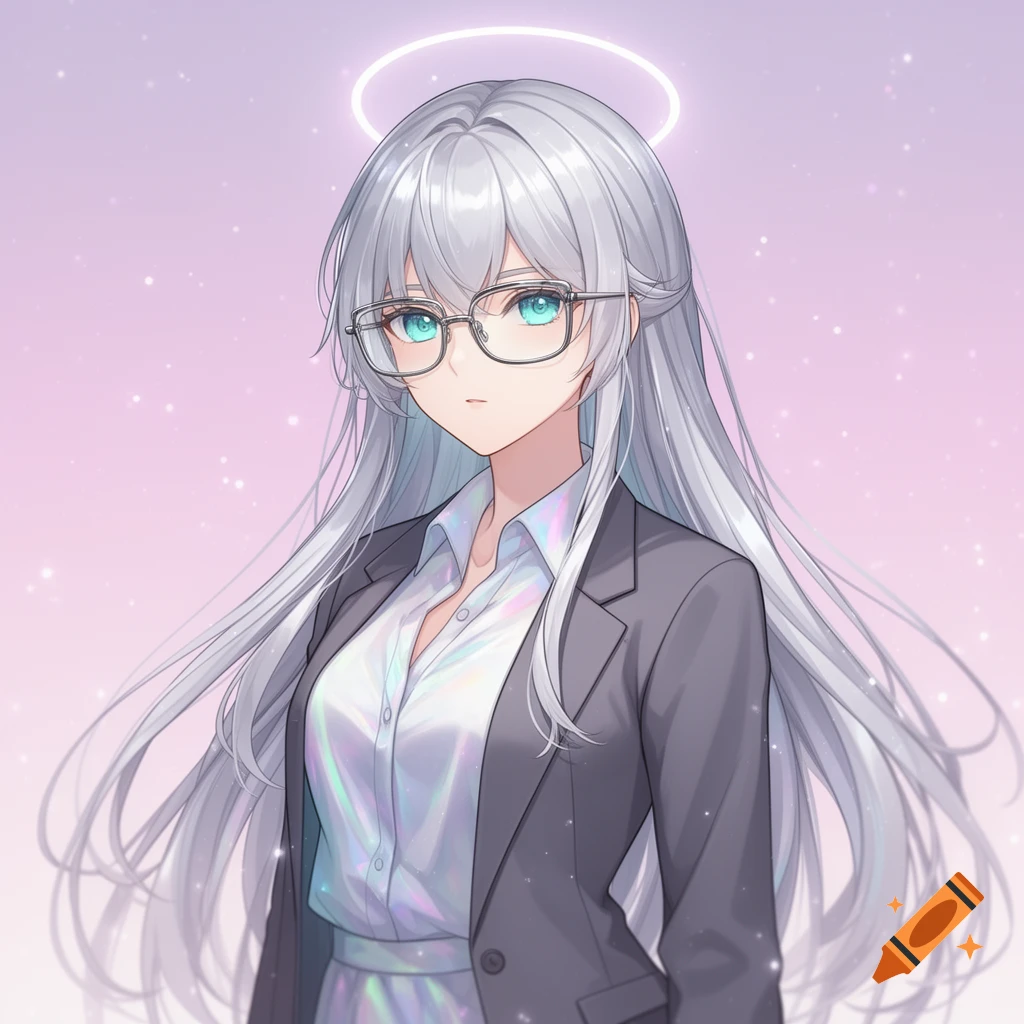 An anime girl with long silver hair, glasses, and a glowing halo wears a business suit against a sparkling pink background.