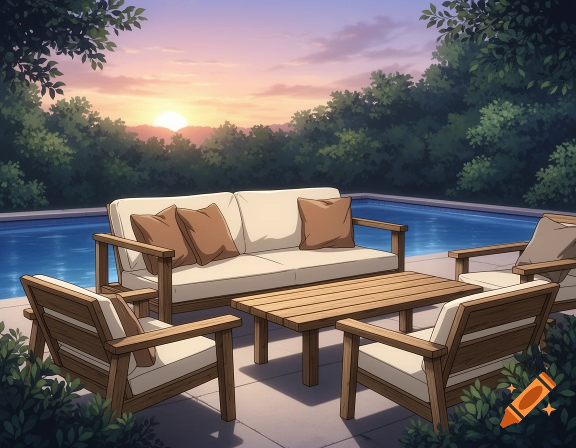 Anime digital art of a modern rustic patio set by a swimming pool at sunset, surrounded by lush trees.