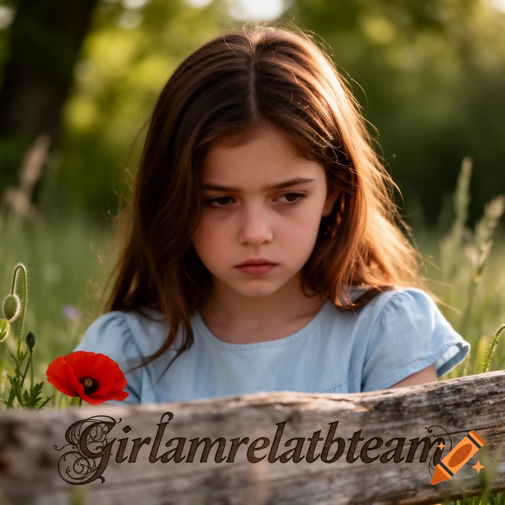 A young girl with long brown hair looks down sadly in a sunny field with a red poppy, text on a wooden fence.