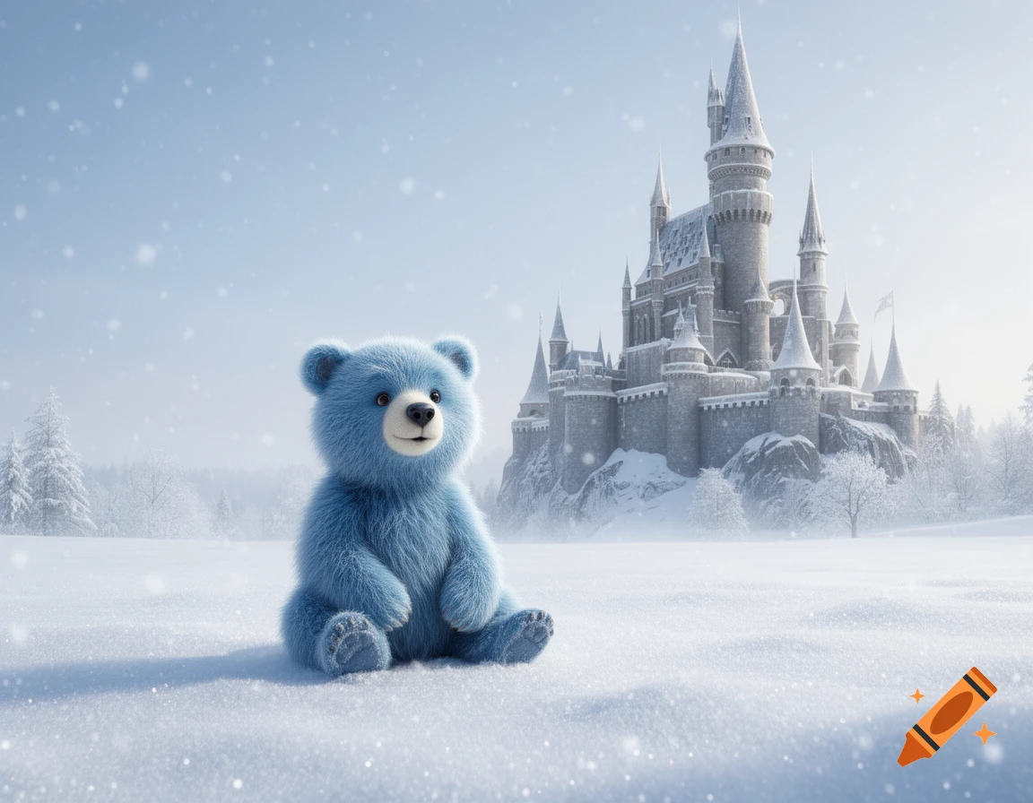 A fluffy blue teddy bear sits in a snowy field with a majestic castle in the background during winter.