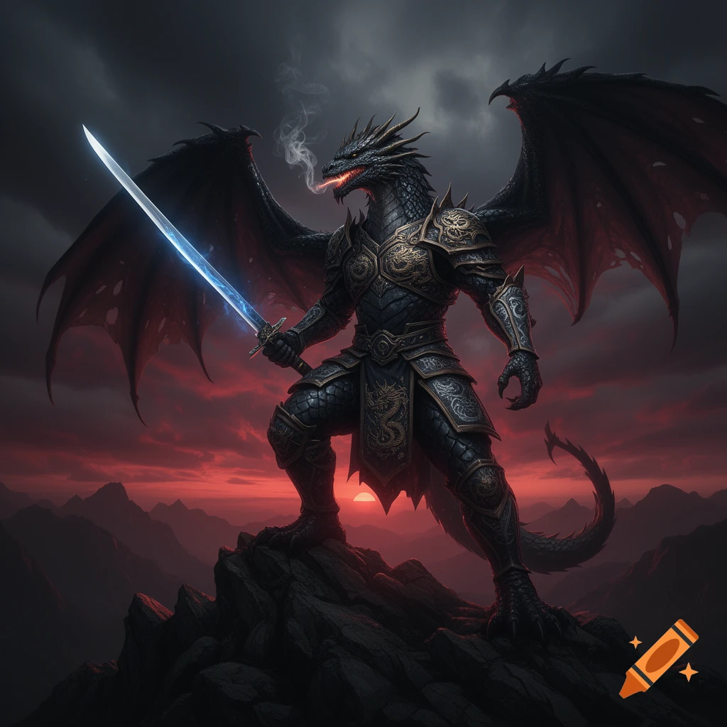 An armored black dragon with glowing red eyes and smoking snout, wielding a blue glowing sword, stands on a rocky mountain peak at sunset.