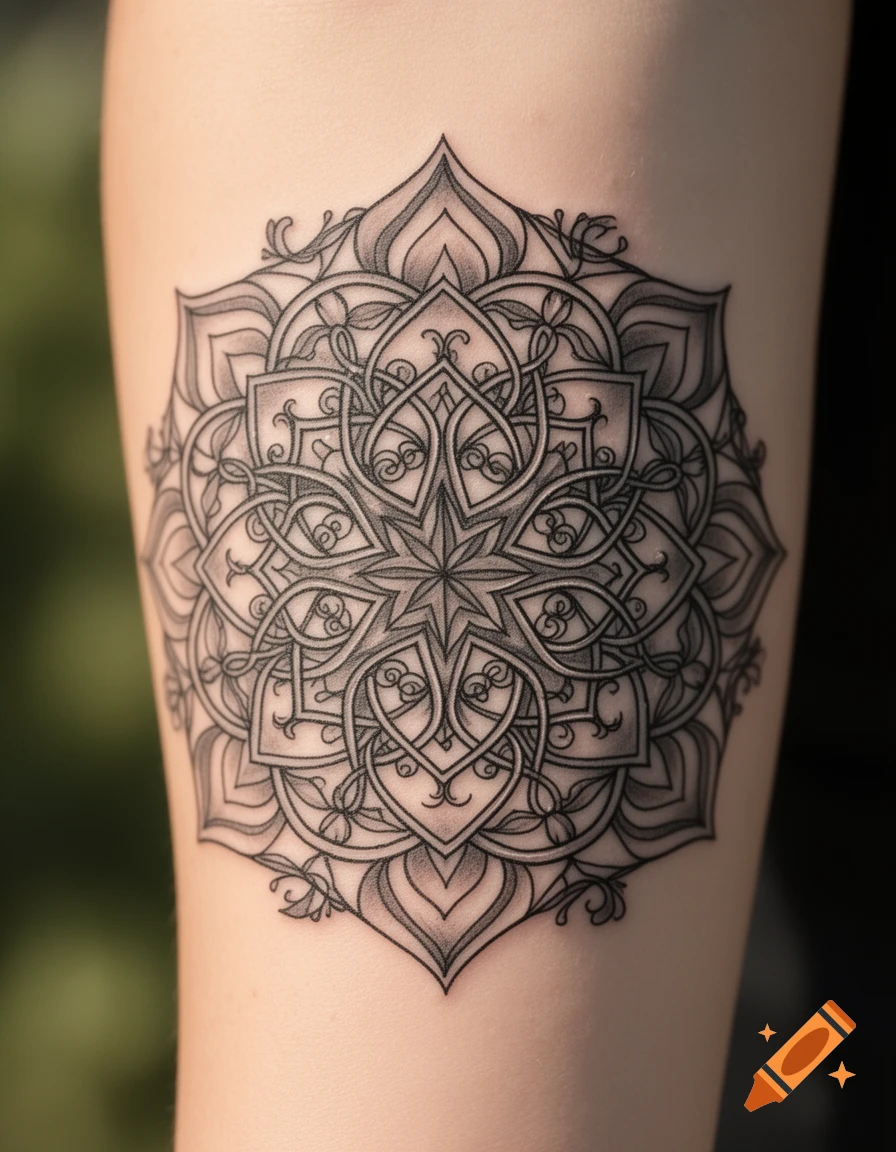 An intricate black and white mandala tattoo design on skin.