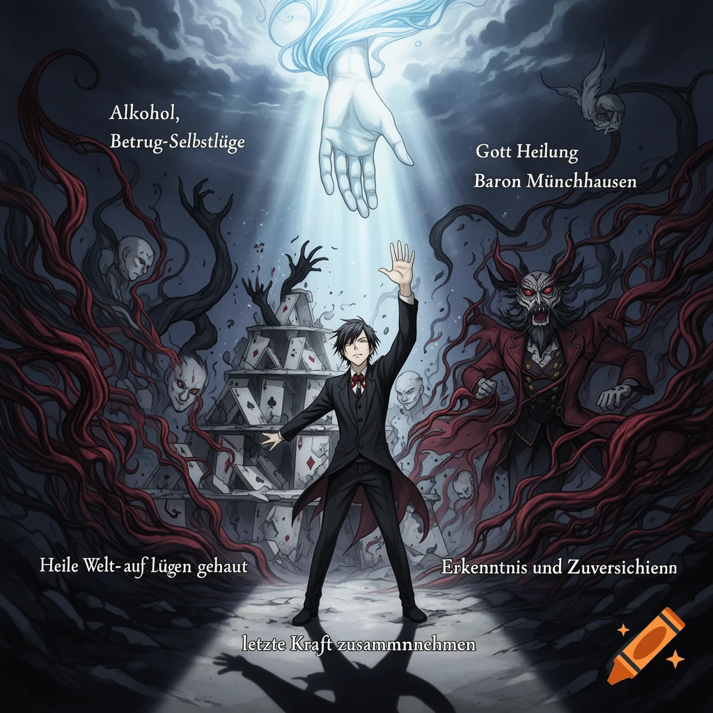 An anime-style character in a suit reaches up to a glowing divine hand, surrounded by shadowy figures, a house of cards, and a red tentacled demon, all against a dark, cloudy sky. German text appears around the scene.