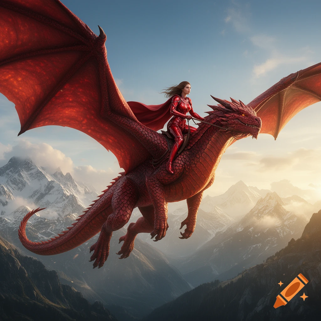 A female rider in vibrant red armor sits on the back of a large red dragon, soaring over snowy mountains at sunset.