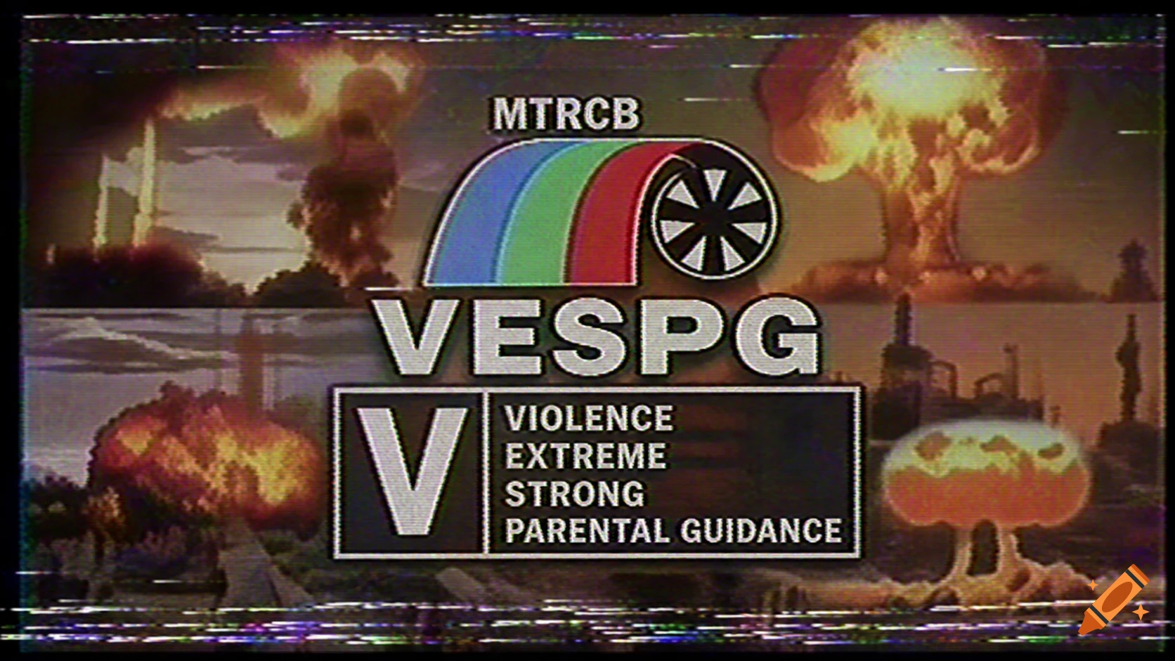 A retro VHS-style movie rating screen with 'MTRCB VESPG V VIOLENCE EXTREME STRONG PARENTAL GUIDANCE' overlaying cartoon nuclear explosions.