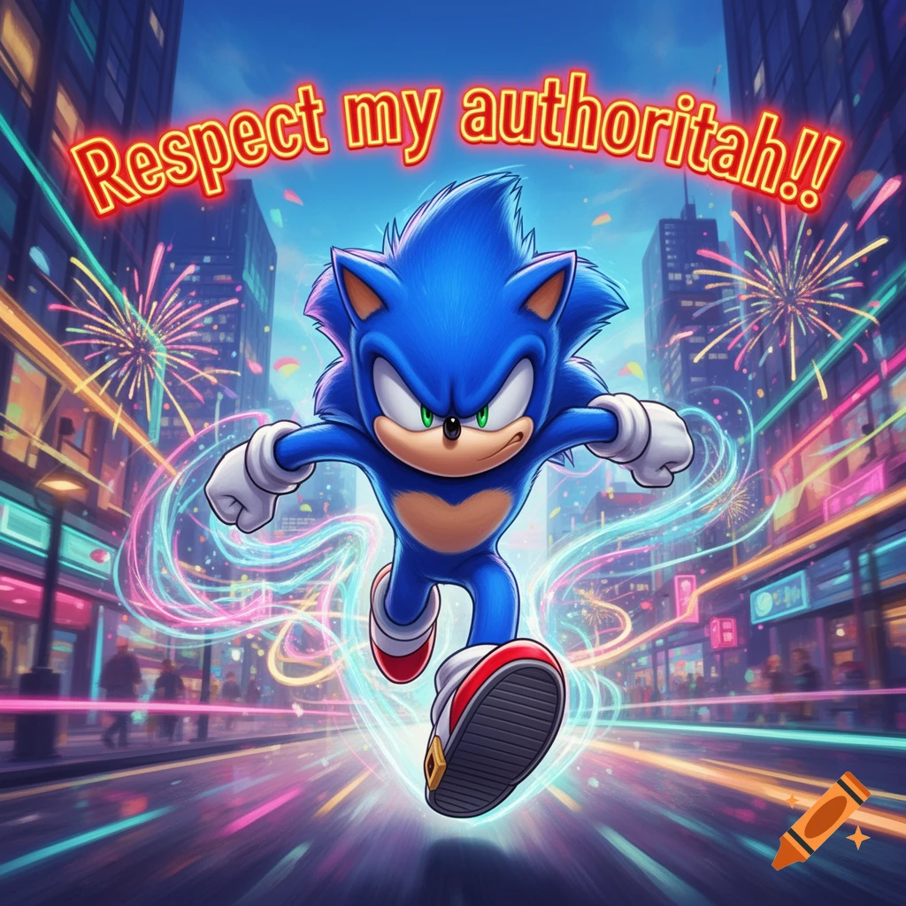Sonic the Hedgehog runs through a vibrant city at night with fireworks, text reads 'Respect my authoritah!!'.