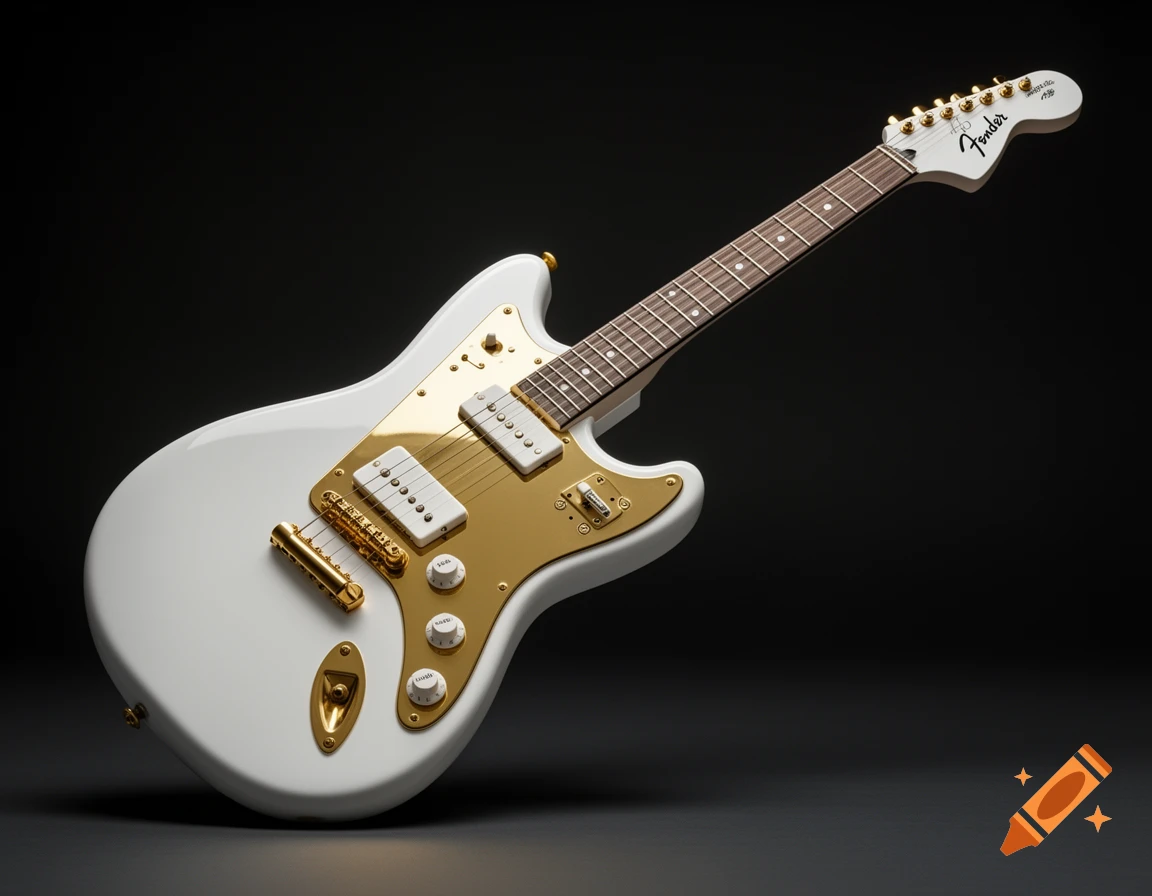 A pristine white Fender Jaguar electric guitar with a gold pickguard and gold hardware, against a dark background.
