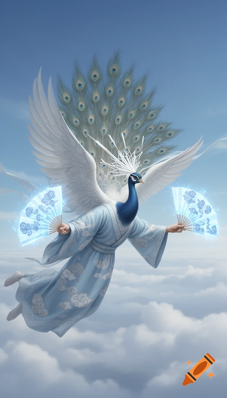 A majestic peacock-headed figure with white wings and a light blue silk robe flies among clouds, holding two glowing blue fans.