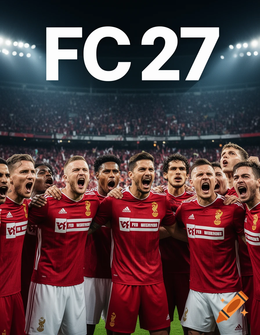 A group of male soccer players in red jerseys and white shorts cheer intensely on a field in a packed stadium with "FC27" prominently displayed above them, photorealistic.