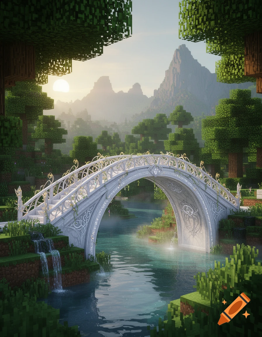 A white marble elven bridge with gold accents spans a river with waterfalls in a blocky Minecraft landscape, with mountains and a sunrise.