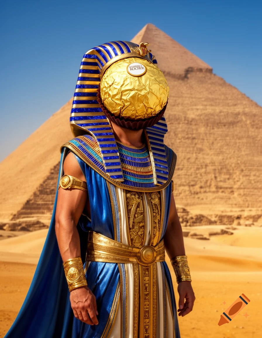 A pharaoh with a Ferrero Rocher chocolate for a head, wearing blue and gold robes, stands in front of a pyramid in the desert.