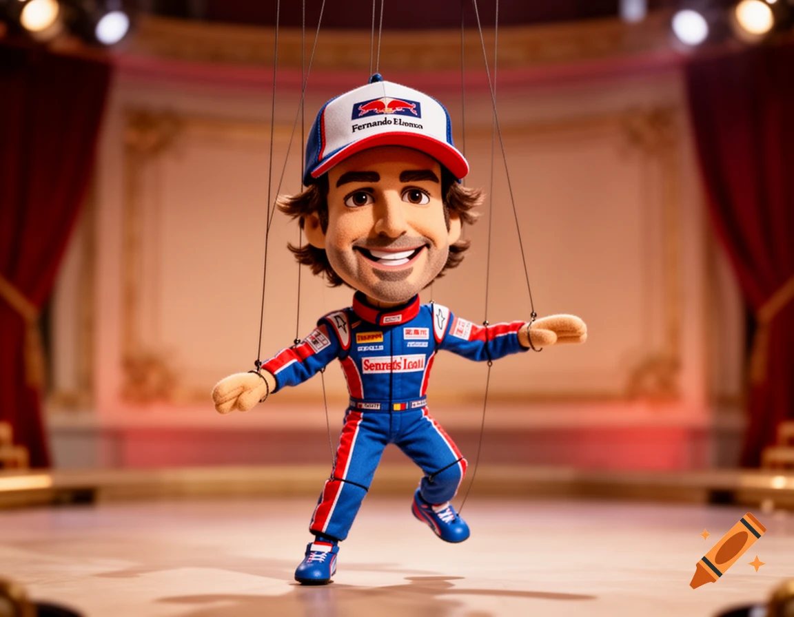 A smiling cartoonish puppet resembling Fernando Alonso, wearing a racing suit and a baseball cap with a Red Bull logo, stands suspended by strings on a stage with red curtains in the background.