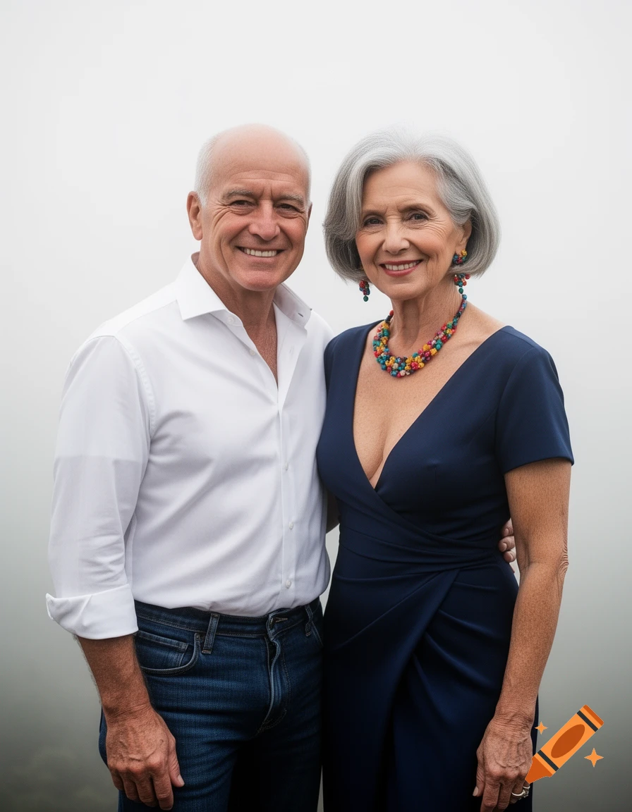 A smiling elderly couple stands against a foggy background. The man wears a white shirt and jeans; the woman, a navy dress with colorful necklace and earrings.