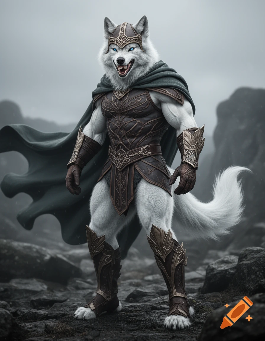 A photorealistic white wolf warrior in ornate leather and metal armor stands on a rocky, misty landscape with a snarling expression.
