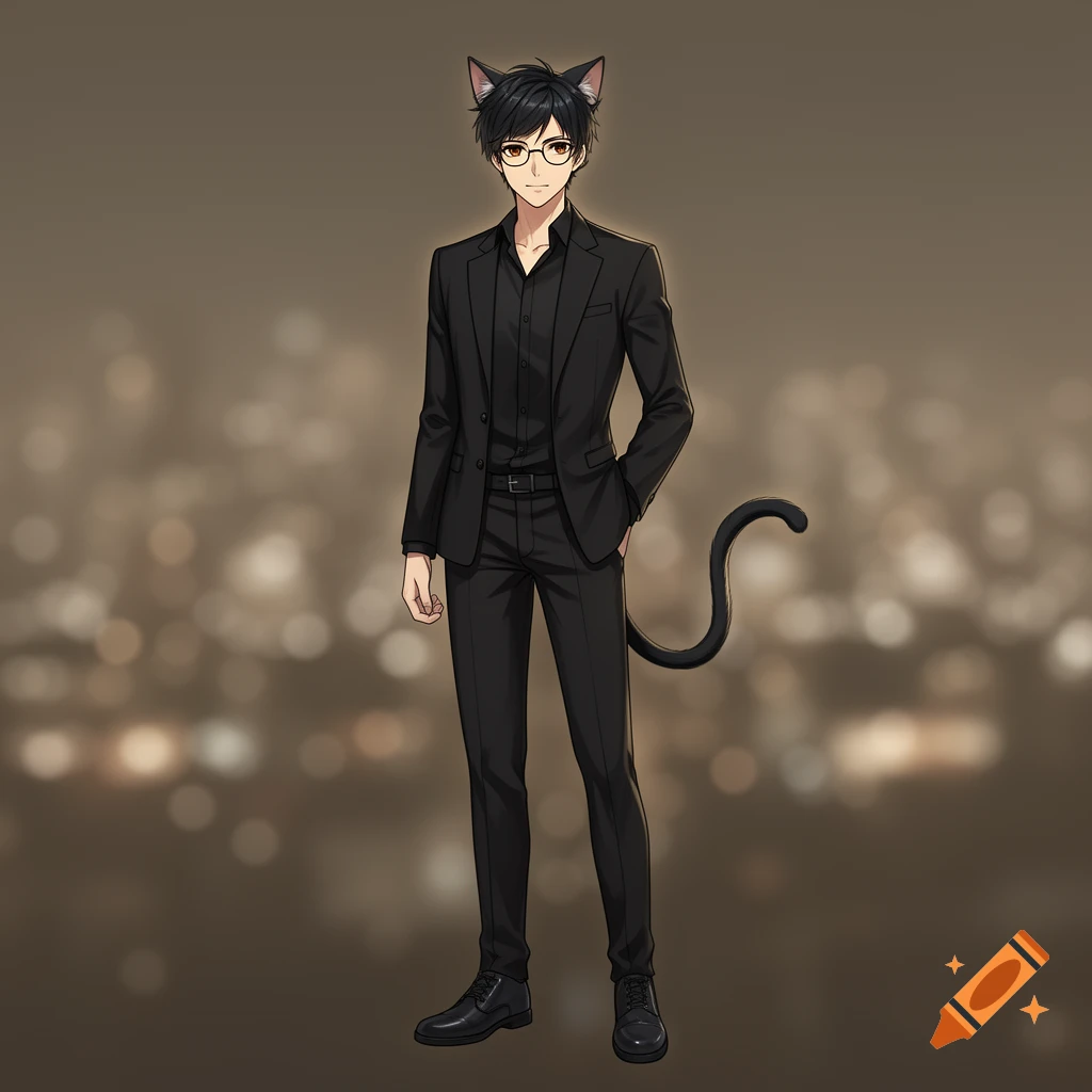 Anime-style Neko man with black hair, glasses, brown eyes, and cat ears/tail, wearing a black suit against a blurry background.