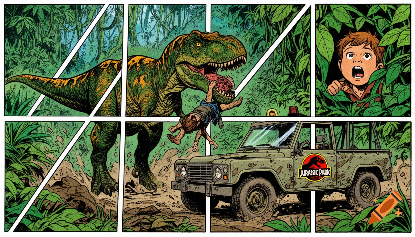 A comic book style image depicts a T-Rex holding a person in its mouth next to a Jurassic Park jeep. A frightened child watches from the dense jungle bushes.