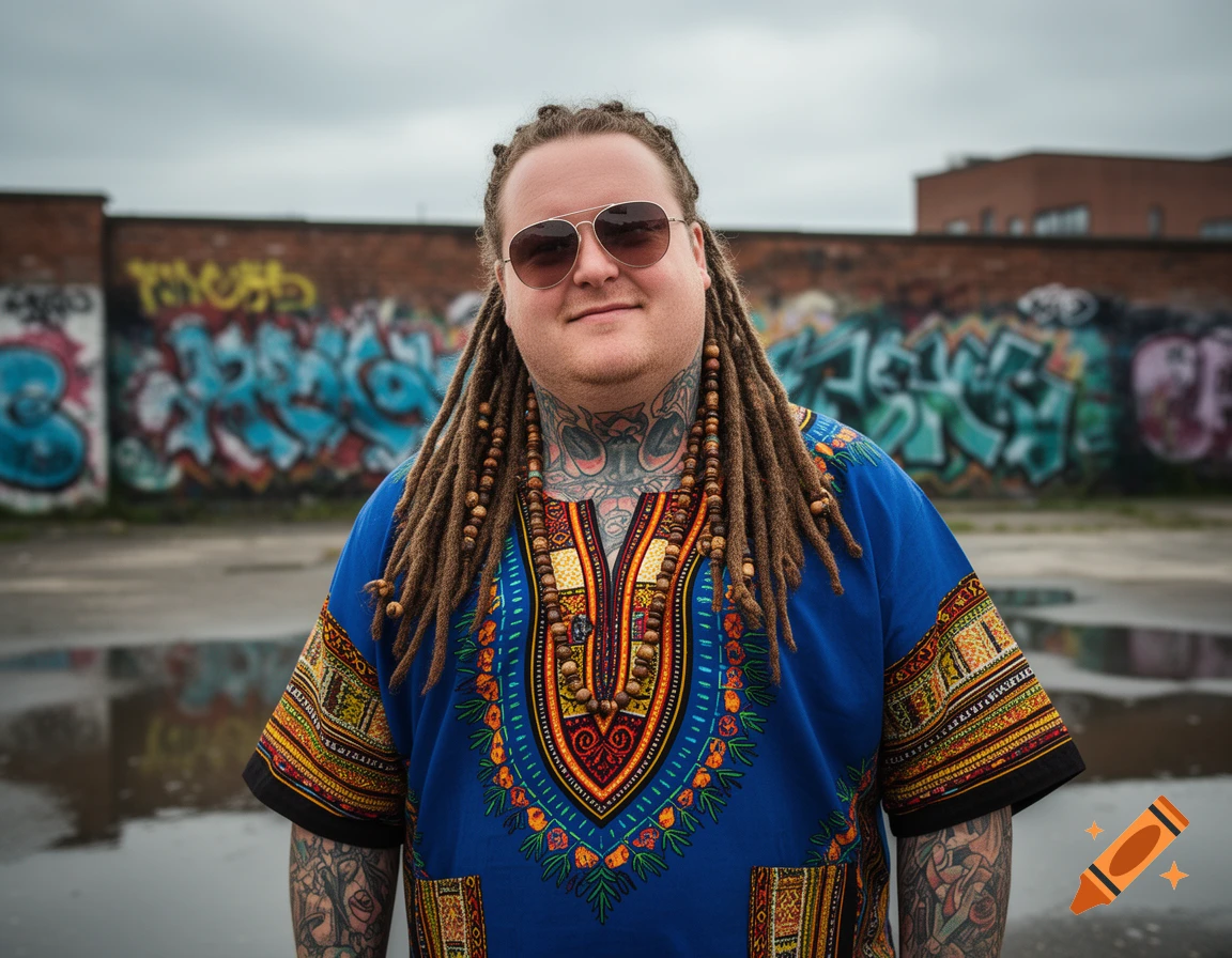 A man with dreadlocks, sunglasses, and tattoos wears a blue dashiki in front of a graffiti-covered brick wall.