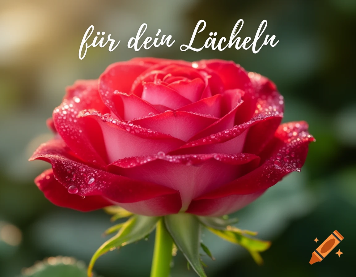 Close-up of a vibrant red rose covered in water droplets with the German text 'f ür dein L ä cheln' (for your smile) above it.
