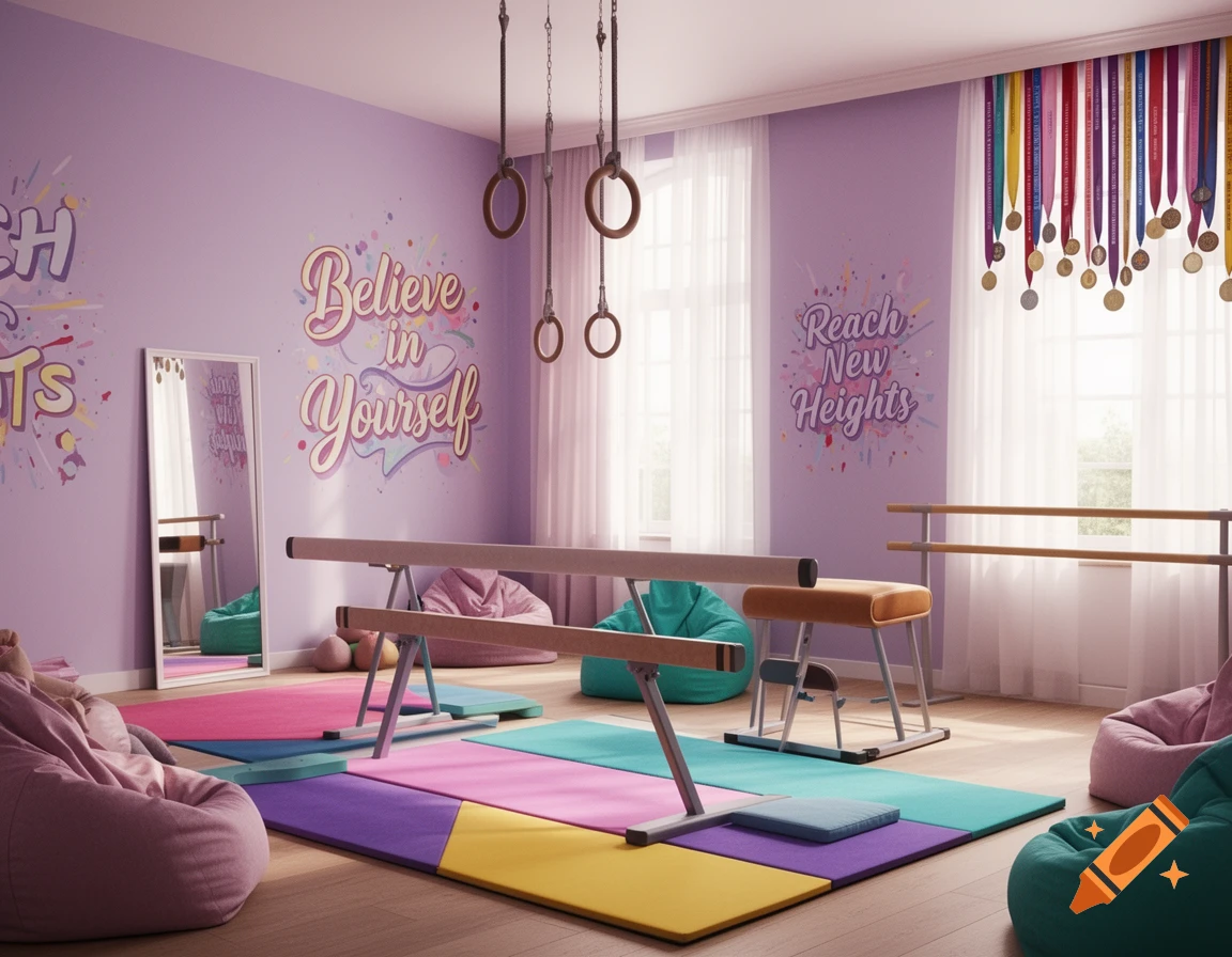 A pastel purple gymnastics room with a balance beam, gymnastic rings, ballet bar, colorful floor mats, bean bags, and motivational text on the walls.